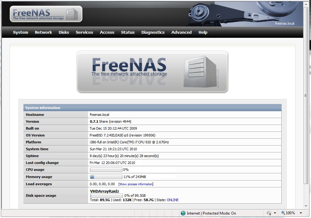 FreeNAS under Hyper-V Home Screen