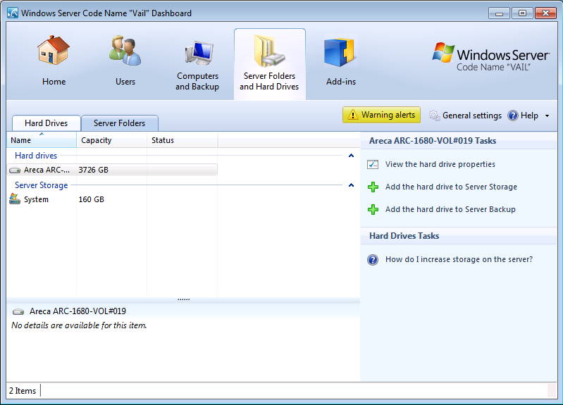Windows Home Server V2 VAIL Dashboard with Large GPT Volumes