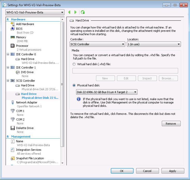 Windows Home Server V2 VAIL Selecting the Raid Disk for a Hyper-V VM
