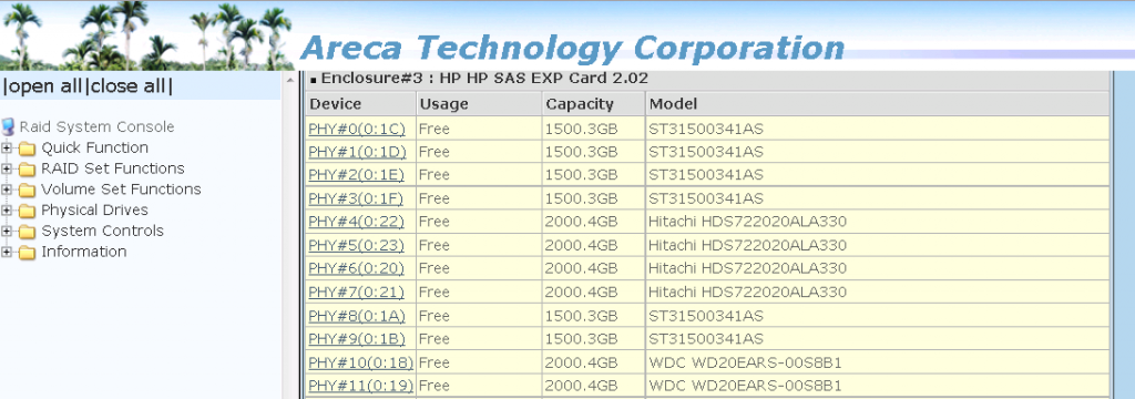 Seagate, Western Digital, and Hitachi drives attached to the DAS box through the HP SAS Expander