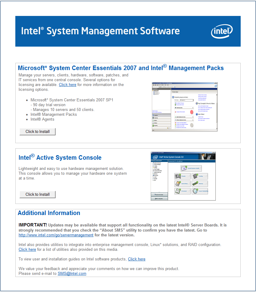 Bundled Microsoft System Center Essentials 2007 evaluation with Intel Management packs and Intel Active System Console