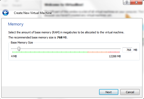 VirtualBox - New Virtual Machine Wizard - Memory Allocation