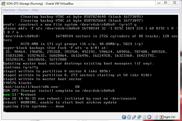 Virtual Box - Virtual Machine - EON ZFS Storage - reboot