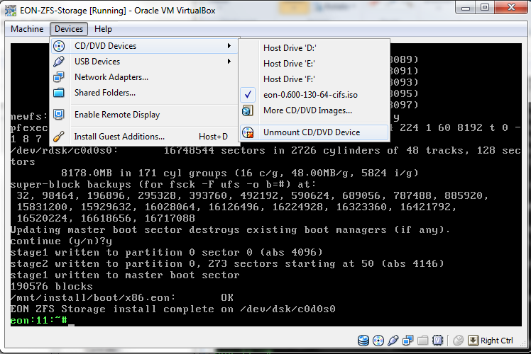 Virtual Box - Virtual Machine - EON ZFS Storage - unmount CD