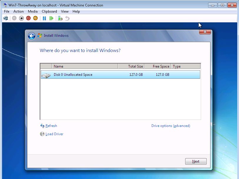 Windows 7 Throw Away VM Install to Dynamic VHD