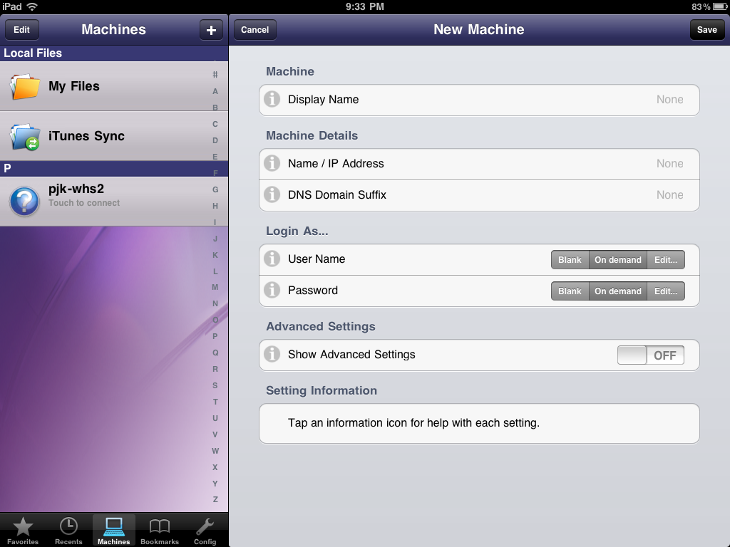 FileBrowser iPad NAS Connection Setup Screen