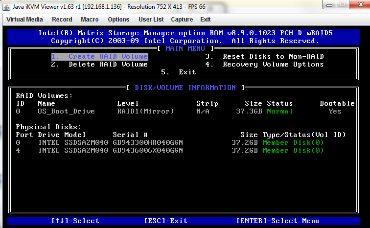 Intel Matrix Storage Manager Main Screen RAID 1 Volume Active