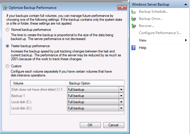 Server Manager Backups Configure Performance Options