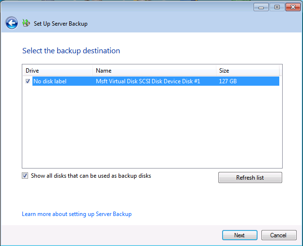 Setup Server Backup - Select Backup Disk