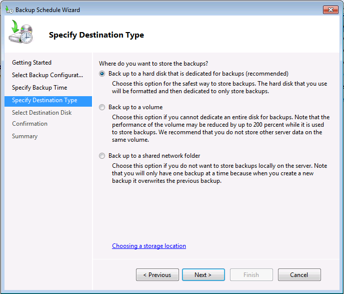 Windows Server Backup Destination Type