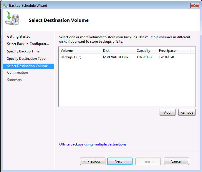 Windows Server Backup Destination Volume