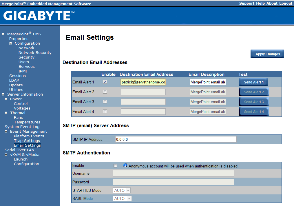 Gigabyte IPMI Management Email Settings