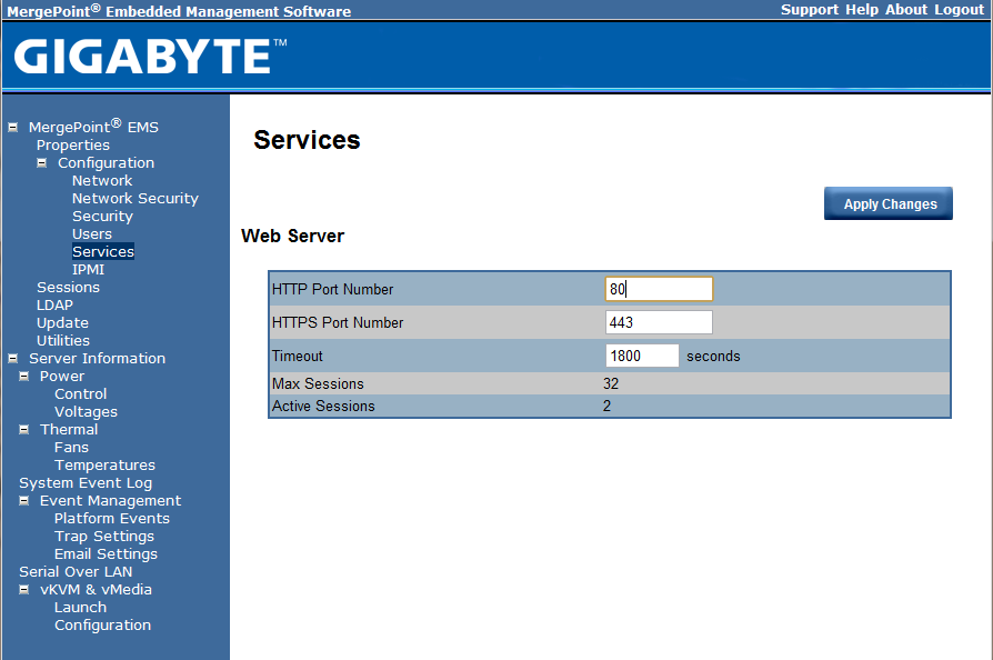 Gigabyte IPMI Management Web Server Settings