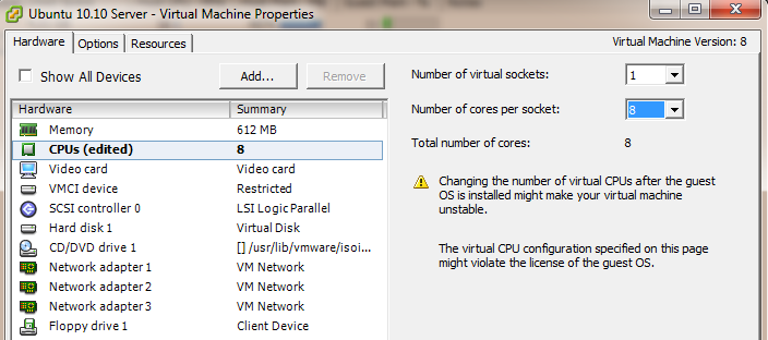 Feature vsmp not licensed - change to 8 vCPU