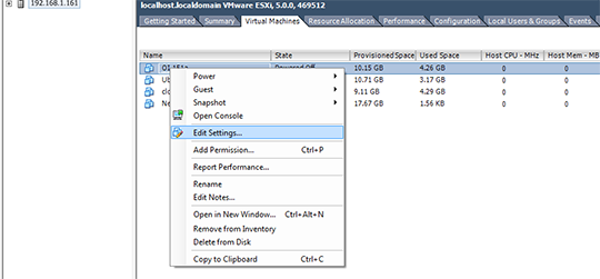 VMware ESXi Add Memory to VM - Edit Settings