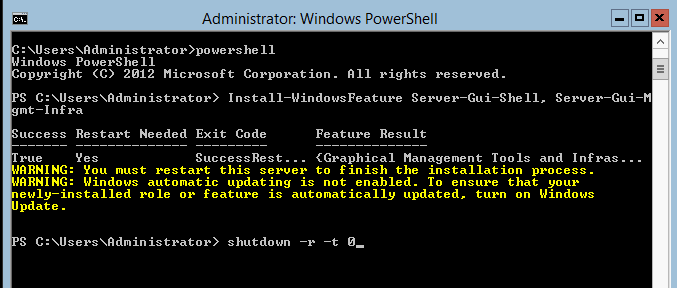 Windows Server 2012 - Turn on GUI - Reboot