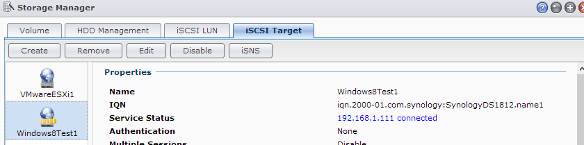 Connected to Synology iSCSI Target with Windows 8