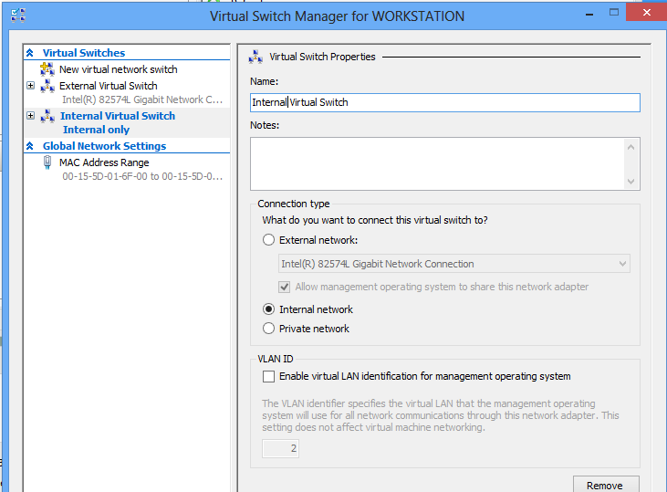 Install Hyper-V on Windows 8 - Create an internal virtual switch