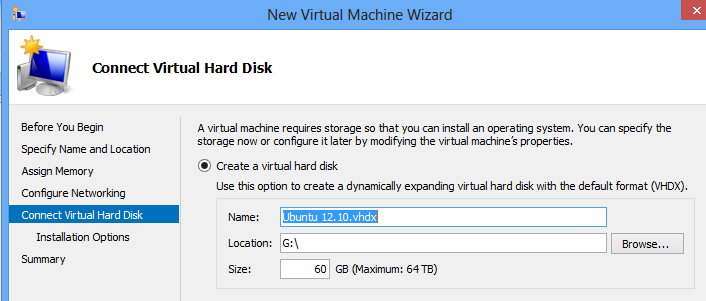 Install Ubuntu on Windows 8 Hyper-V - Assign a Virtual Disk