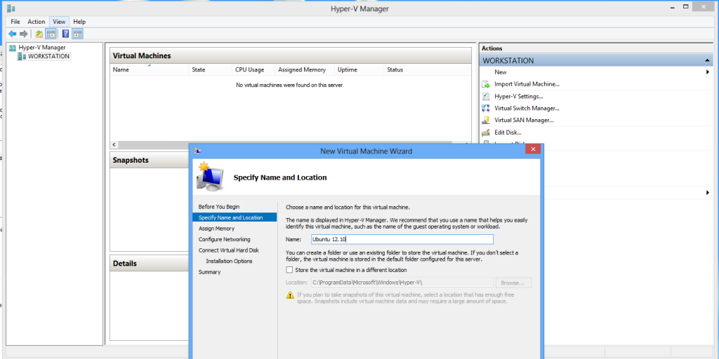 Install Ubuntu on Windows 8 Hyper-V - Create new virtual machine