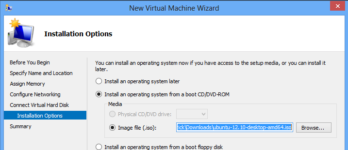 Install Ubuntu on Windows 8 Hyper-V - Select ISO