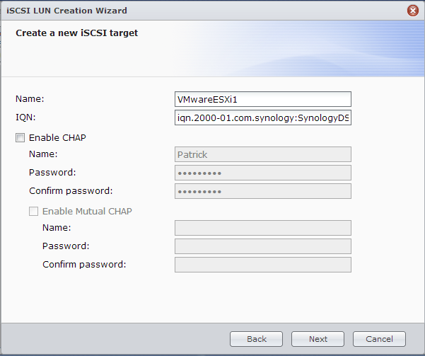 Synology DS1812+ Create New iSCSI Target