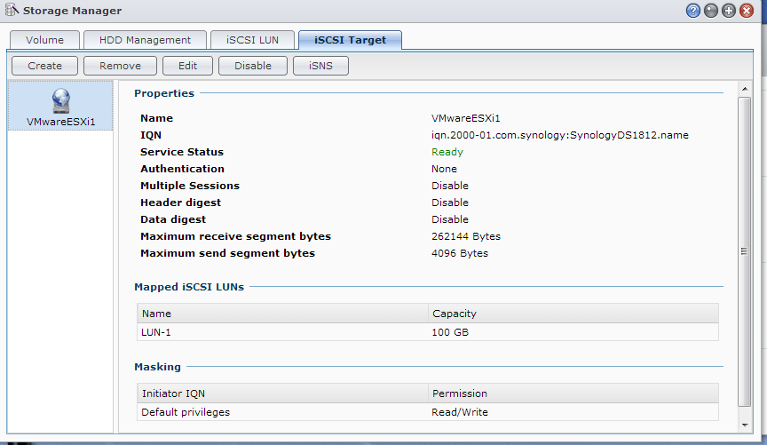 Synology DS1812+ Setup iSCSI Target Screen