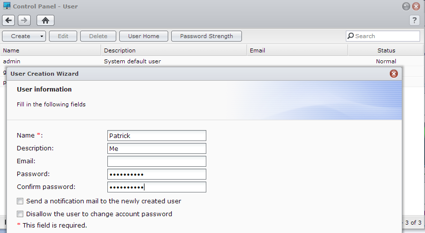 Synology WebGUI Create New User