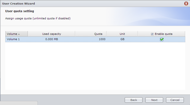Synology WebGUI User Quota