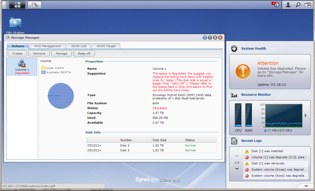Synology DS1812+ Synology WebGUI Volume Created - Degraded Array