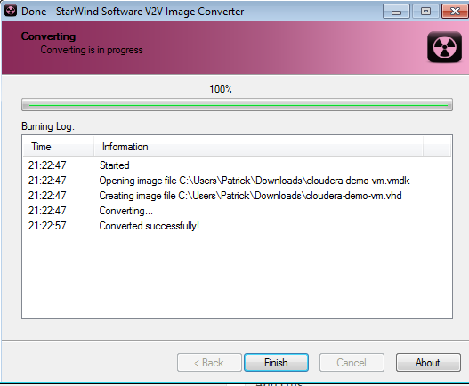 Cloudera CDH4 Hadoop in Windows 8 Hyper-V VDMK to VHD Conversion Format Success