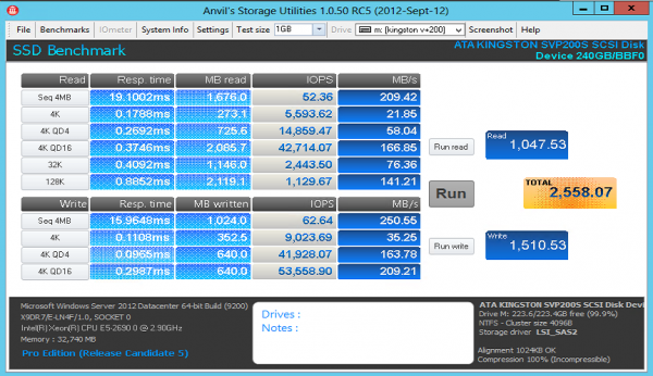 Kingston SSDNow V+200 240GB Anvil Storage Utilities write cache off