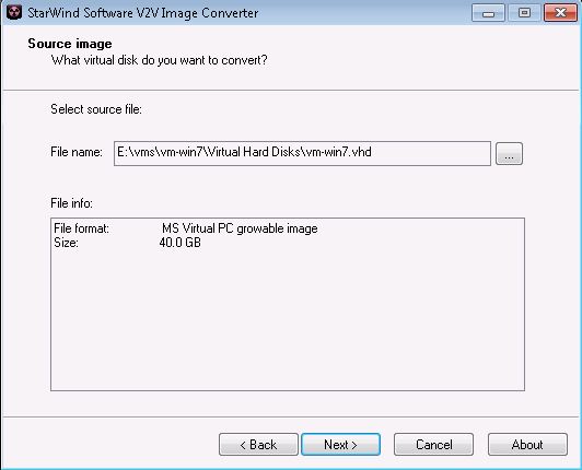 Select Hyper-V vhd in Starwind V2V converter