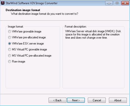 Select VMware ESX in Starwind V2V converter