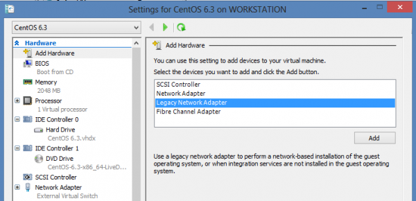 Install CentOS 6.3 on Windows 8 Hyper-V – Legacy Network Adapter