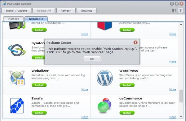 Synology DSM Package Center Install WordPress Enable Web Station and MySQL