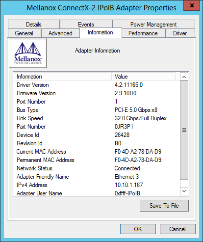 Properties Sheet Showing Firmware Version