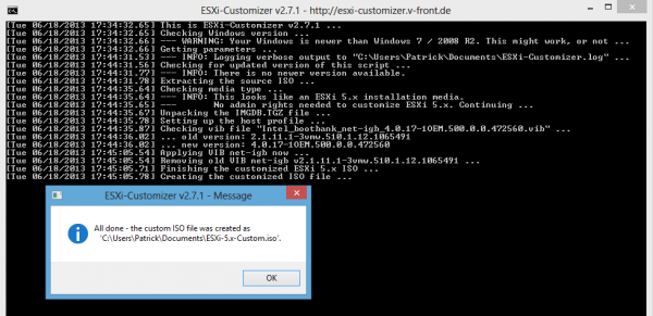 ESXi-Customizer Setup Finished