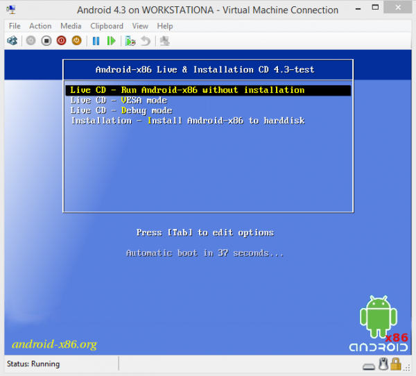 Android-x86 on Hyper-V Boot Screen