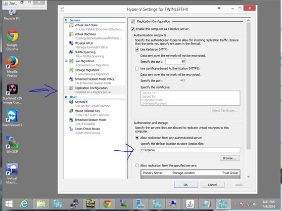 Select Hyper-V replication settings