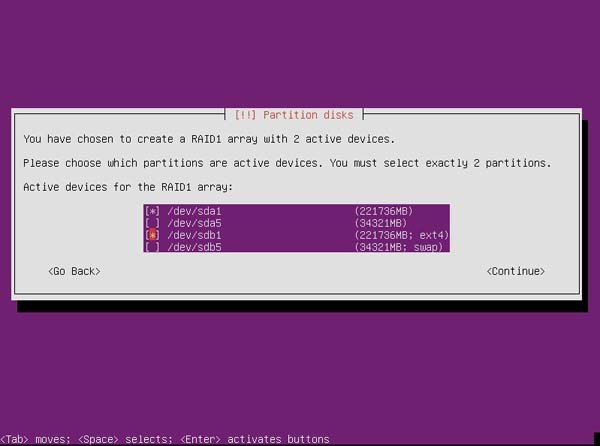 Ubuntu RAID 1 - Step 14 Select active partitions