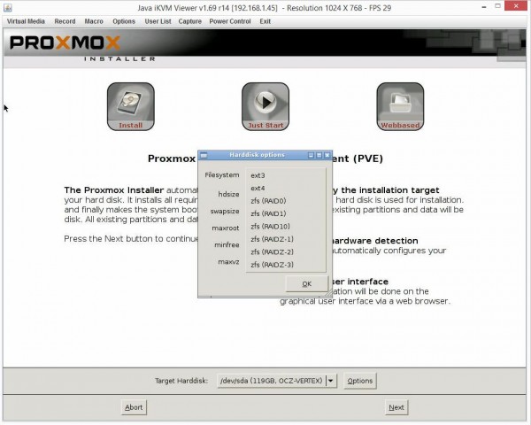 Proxmox VE 3.4 Installer Target Harddisk Options