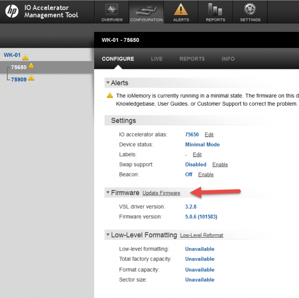 Fusion-io ioDrive installation - web console - firmware out of date