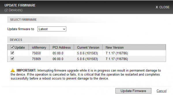 Fusion-io ioDrive installation - web console - select firmware