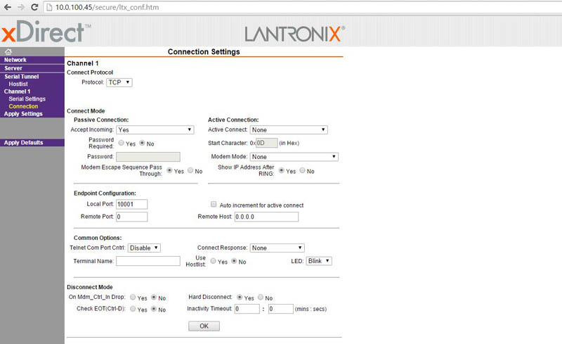 Lantronix xDirect Web Connection Settings