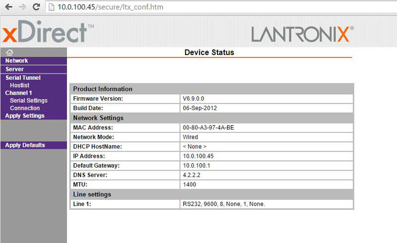 Lantronix xDirect Web Login Dashboard