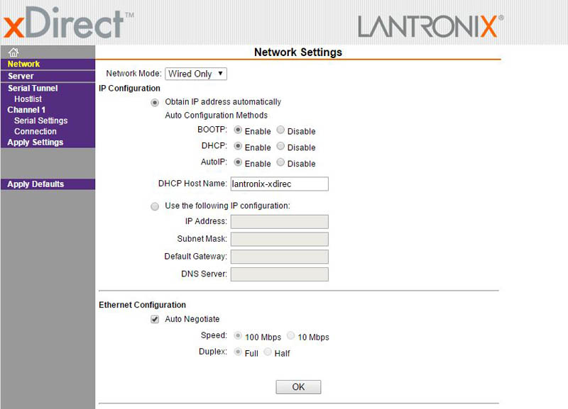 Lantronix xDirect Web Network Settings
