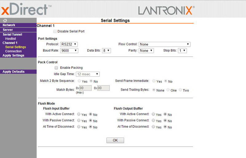 Lantronix xDirect Web Serial Settings