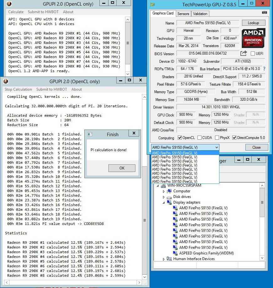 8x AMD S9150 - Supermicro 4028GR-TR GPUPI 2.0 benchmark run