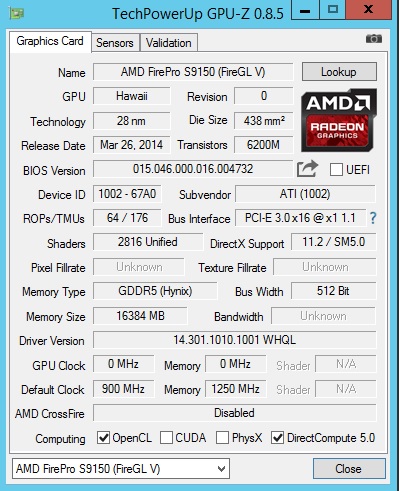 AMD FirePro S9150 GPUz Screen